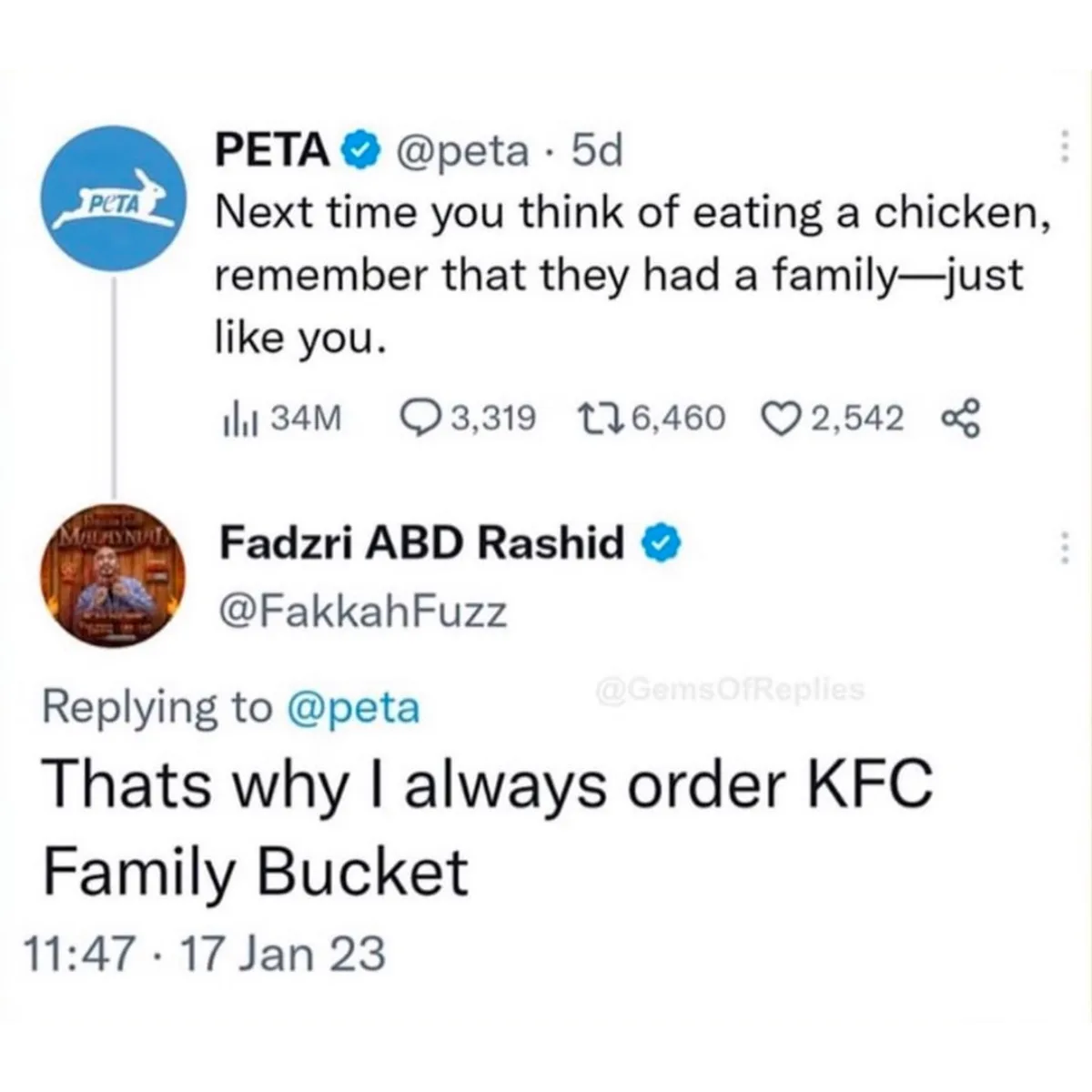The image displays two Twitter posts. The top post from PETA reads, 'Next time you think of eating a chicken, remember that…