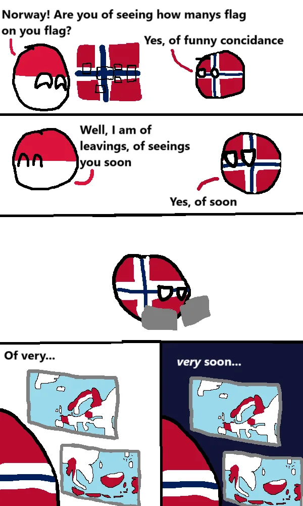 A three-panel cartoon depicts two country personified as red-and-white spheres with flags. The first panel shows a…