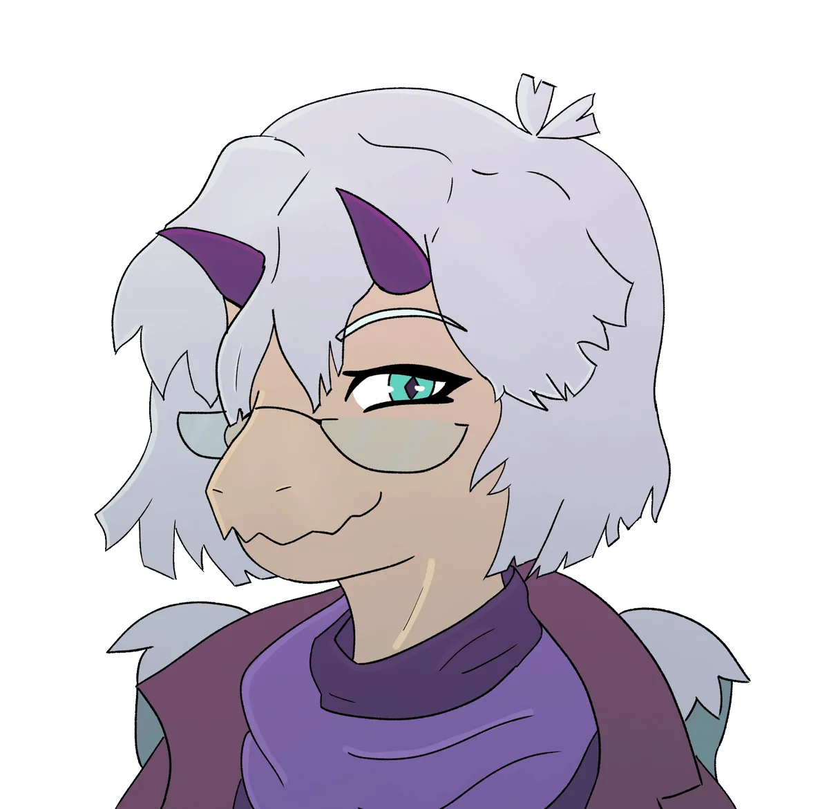 The image displays six panels of an anime-style character with white hair, purple horns, and glasses, arranged in two rows…