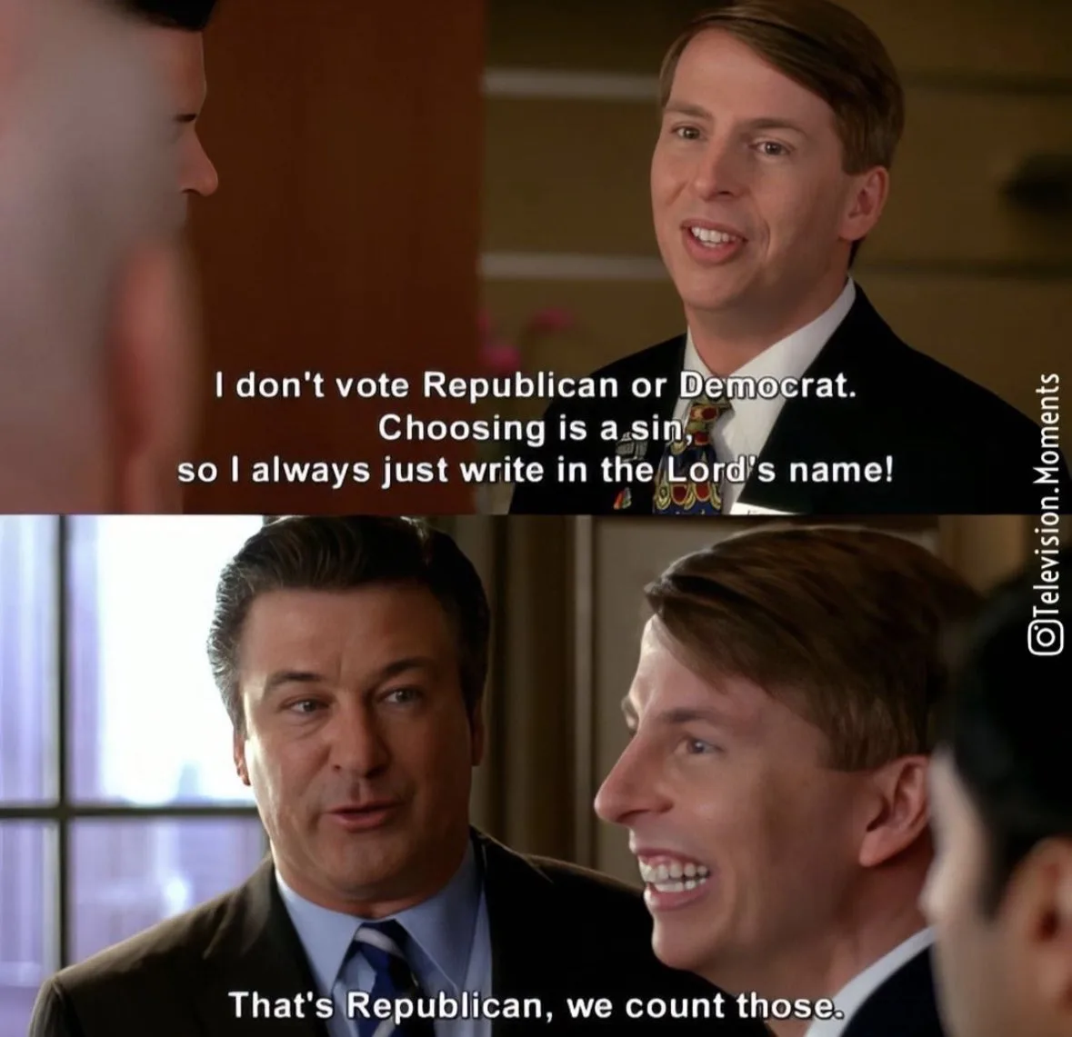 The image is a two-panel meme from the TV show 'The West Wing'. In the top panel, a man in a suit says he doesn't vote…