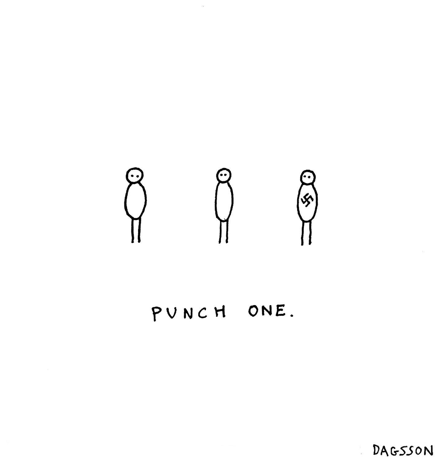 Three simple stick figures stand in a row; the one on the right has a swastika drawn on its torso. Below them, the text…