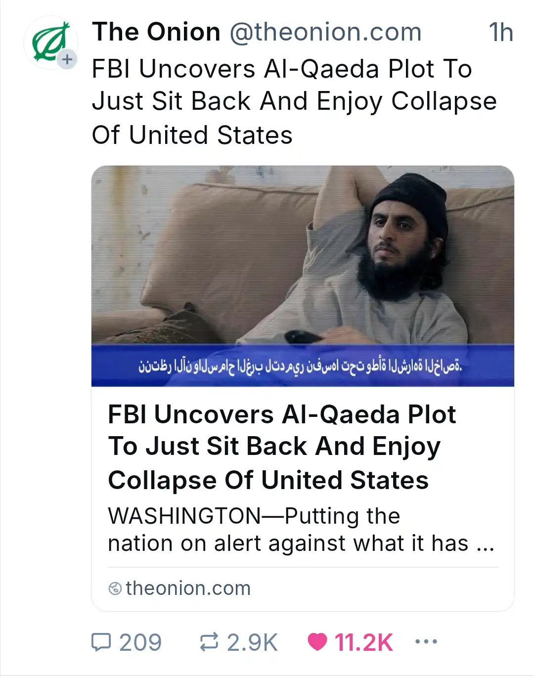 A screenshot of a tweet from The Onion shows a man lounging on a couch with one arm behind his head, holding a remote…