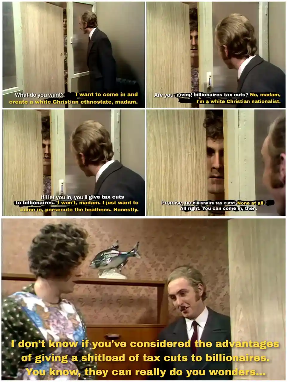 A five-panel meme from the 1970s TV show 'The Likely Lads' shows a man in a suit asking to enter a room, promising not to…