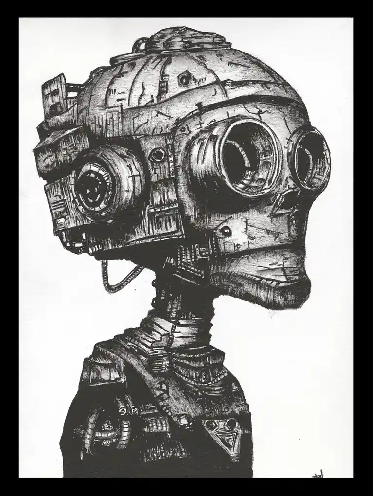 A black-and-white sketch depicts a heavily damaged, cobbled-together robot with a large, spherical head, exposed wiring, and…