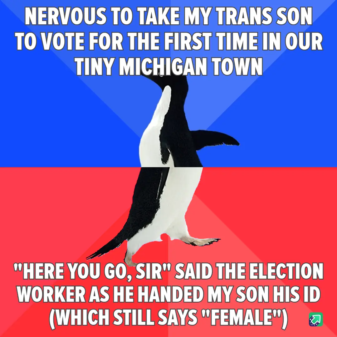 A penguin stands centered against a blue and red background, with white text overlaid in two sections. The top text reads…