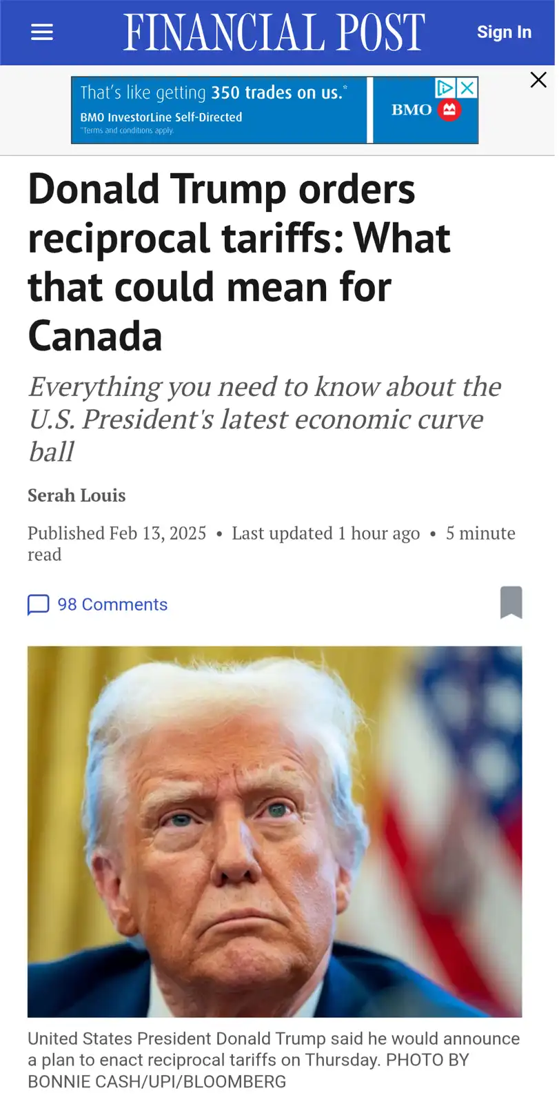A screenshot of a Financial Post news article with a headline about Donald Trump ordering reciprocal tariffs and its…