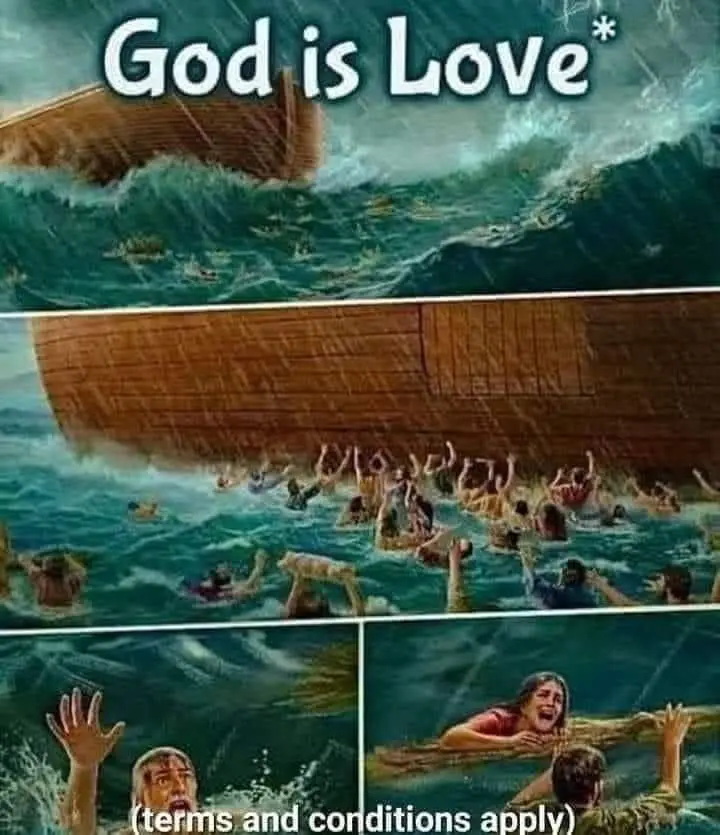 A three-panel image depicts a biblical flood scene with the ark above and people drowning below. The top panel shows the ark…