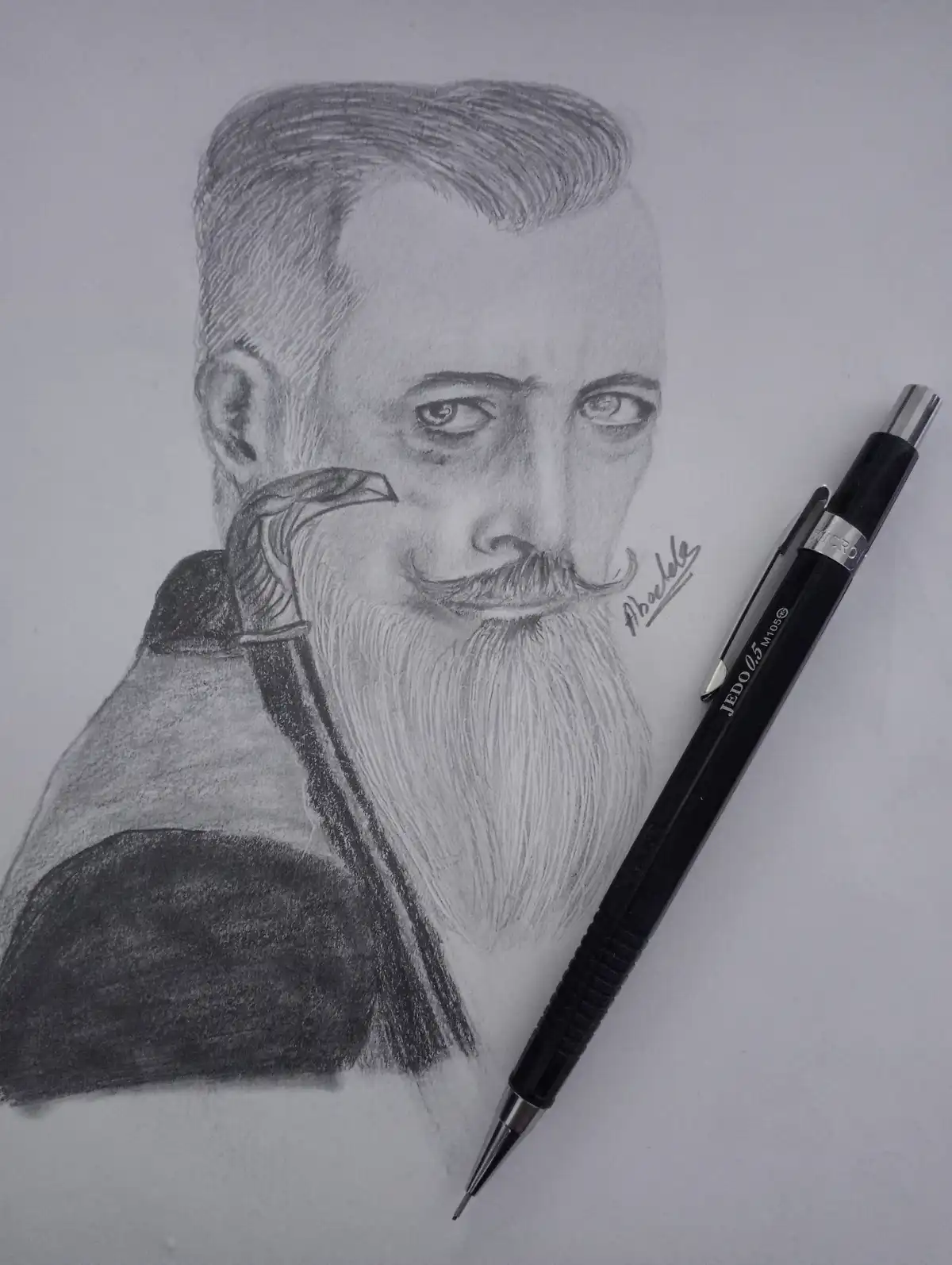 A detailed pencil sketch of a man with a long beard and mustache, holding a sword hilt near his face, with a black…