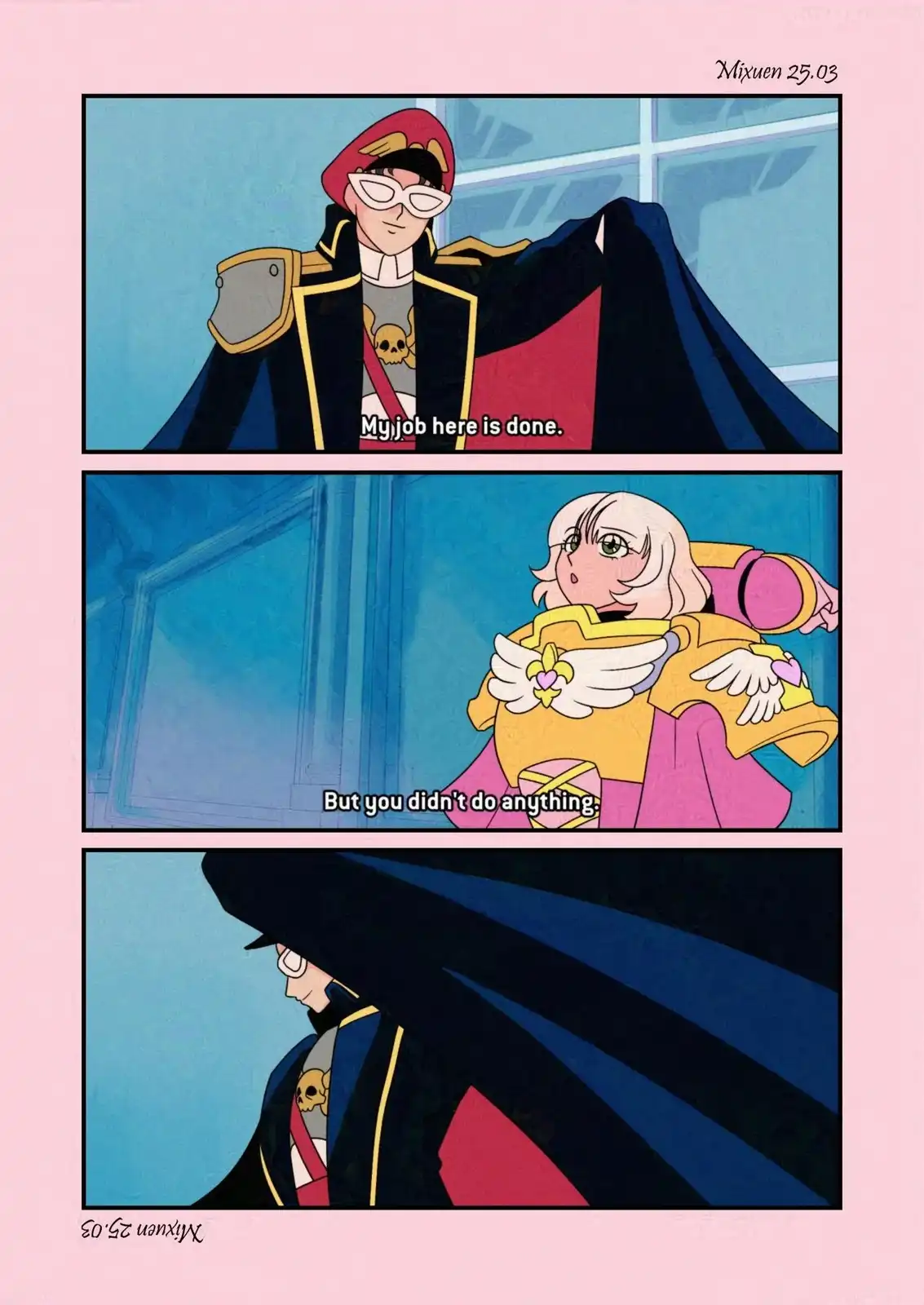 A three-panel anime comic strip featuring a character in a black and red uniform with a cape and white goggles declaring 'My…