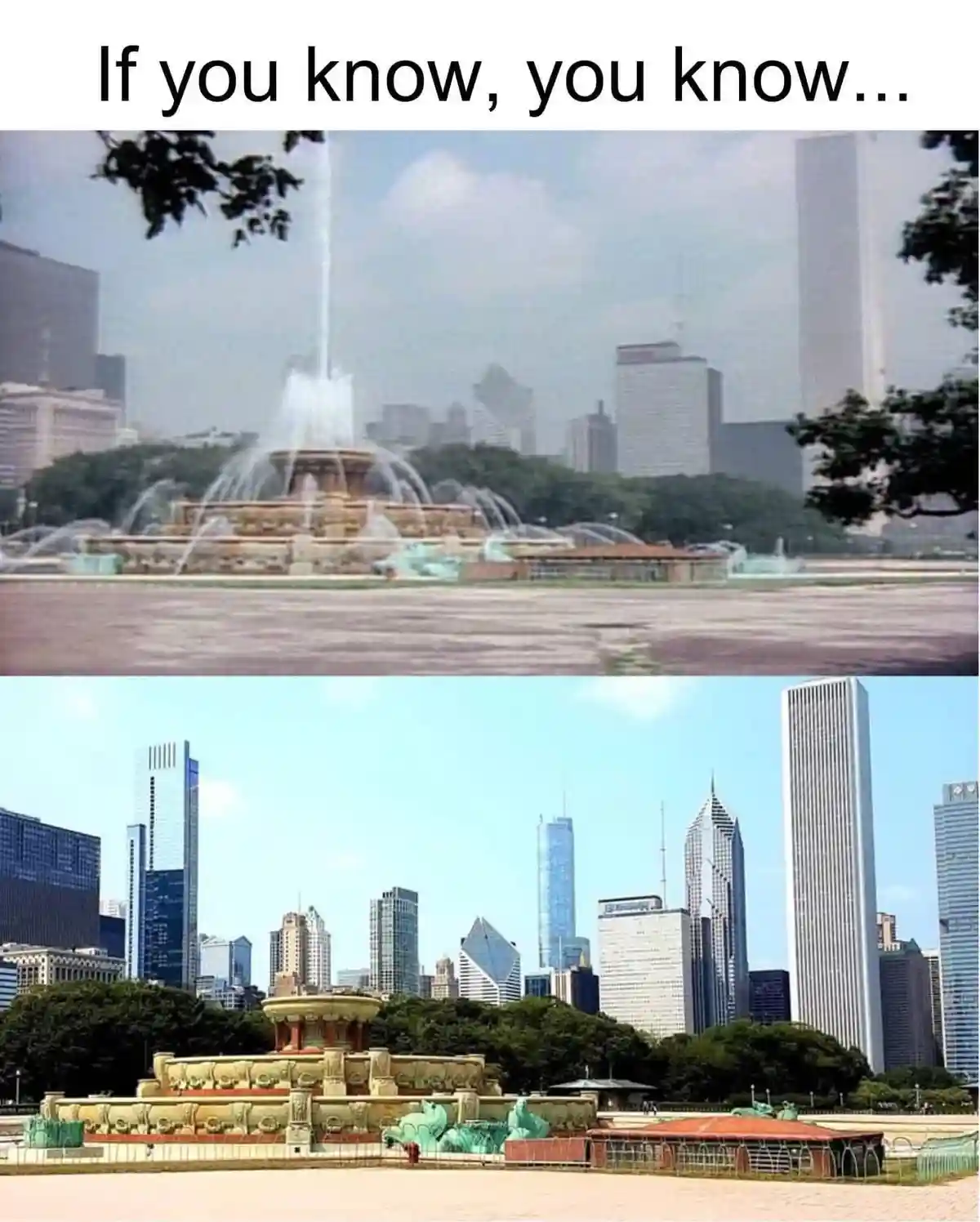 The image displays two photos of the Buckingham Fountain in Chicago. The top photo shows the fountain with a hazy, muted…