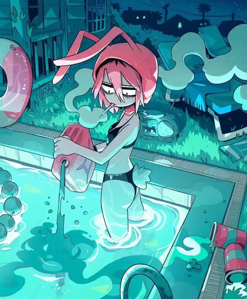 An anime-style girl with pink hair and bunny ears stands in a pool at night, pouring a glowing liquid from a jug while…