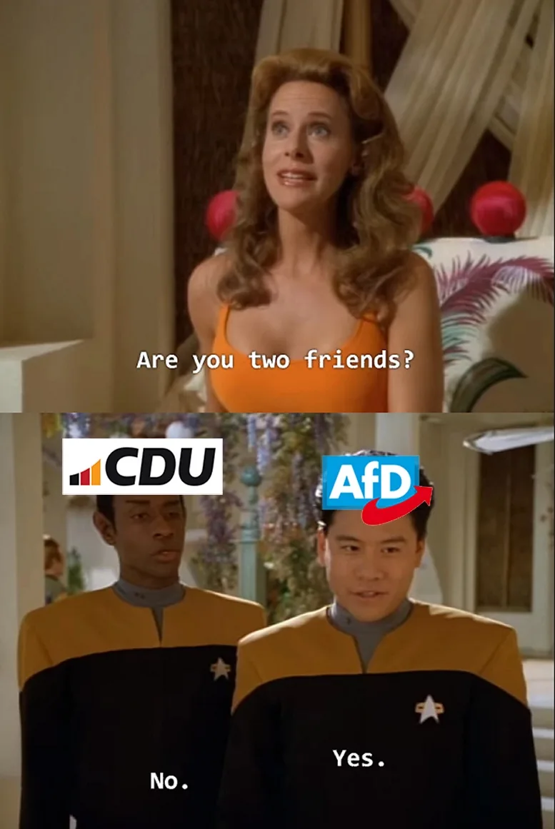 The image is a two-panel meme. The top panel shows a woman in an orange top asking, 'Are you two friends?'. The bottom panel…