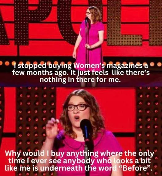 A two-panel image of comedian Hannah Gadsby on stage in a pink dress and glasses. In the top panel, she says she stopped…