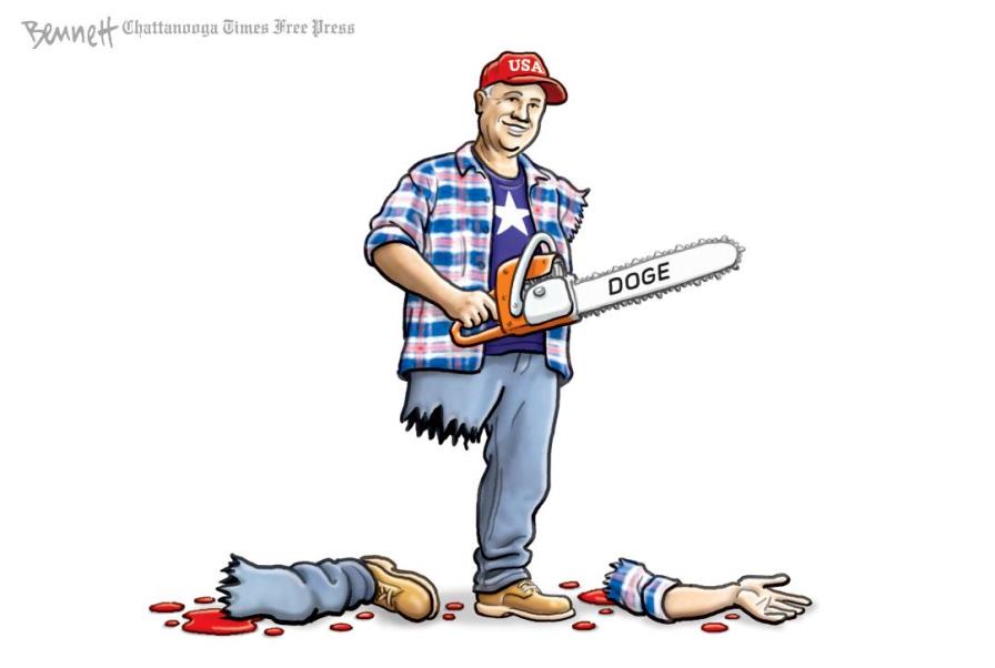 A cartoon man wearing a red 'USA' cap, a plaid shirt over a star-patterned shirt, and jeans holds a chainsaw with 'DOGE'…