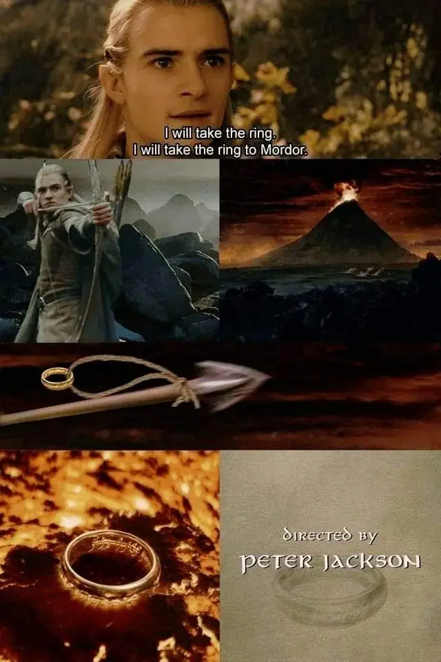 A meme collage from 'The Lord of the Rings' showing Legolas declaring he will take the ring to Mordor, followed by images of…