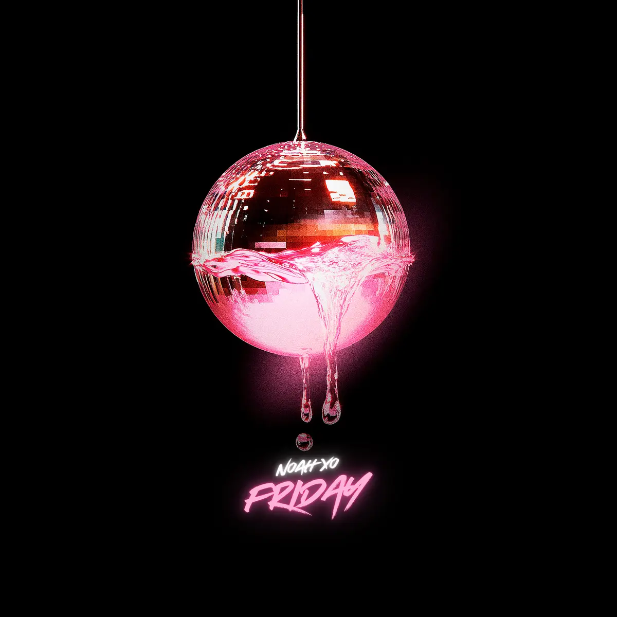 A pink disco ball hangs against a black background, with a glowing pink liquid dripping from its lower half. Below the ball…