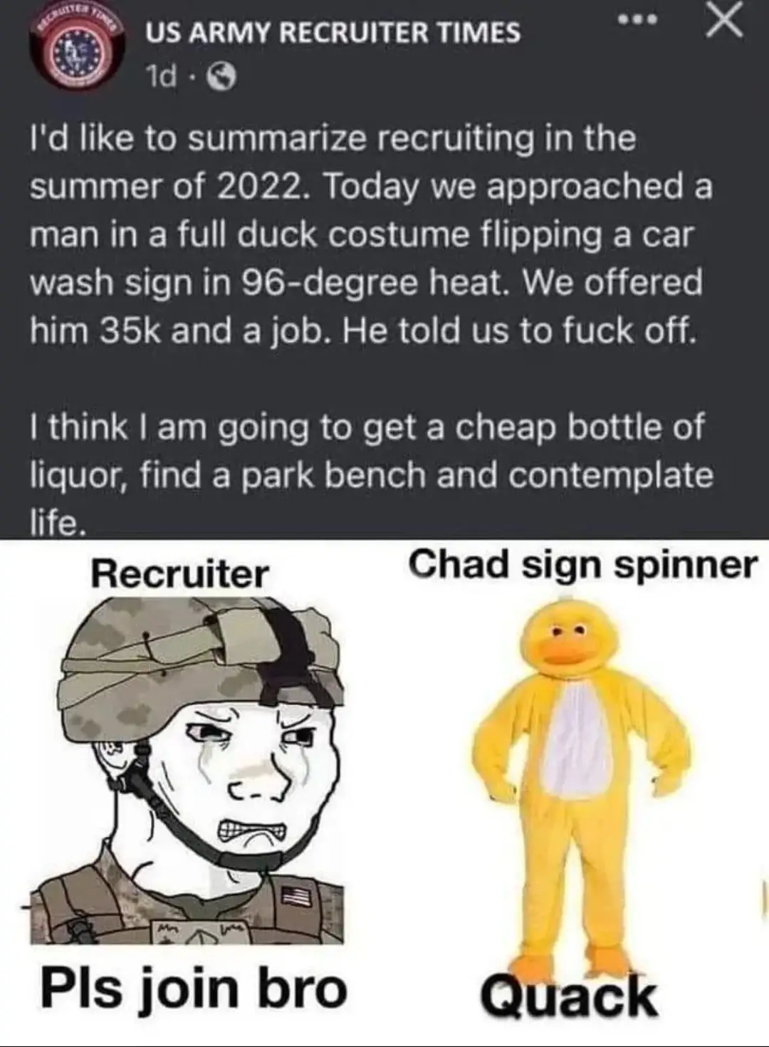 A screenshot of a social media post from 'US ARMY RECRUITER TIMES' describes a failed recruitment attempt on a man in a full…