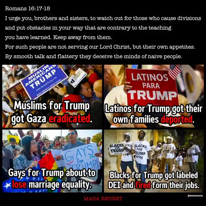 A four-panel meme juxtaposes images of diverse groups supporting Trump with satirical captions claiming negative…