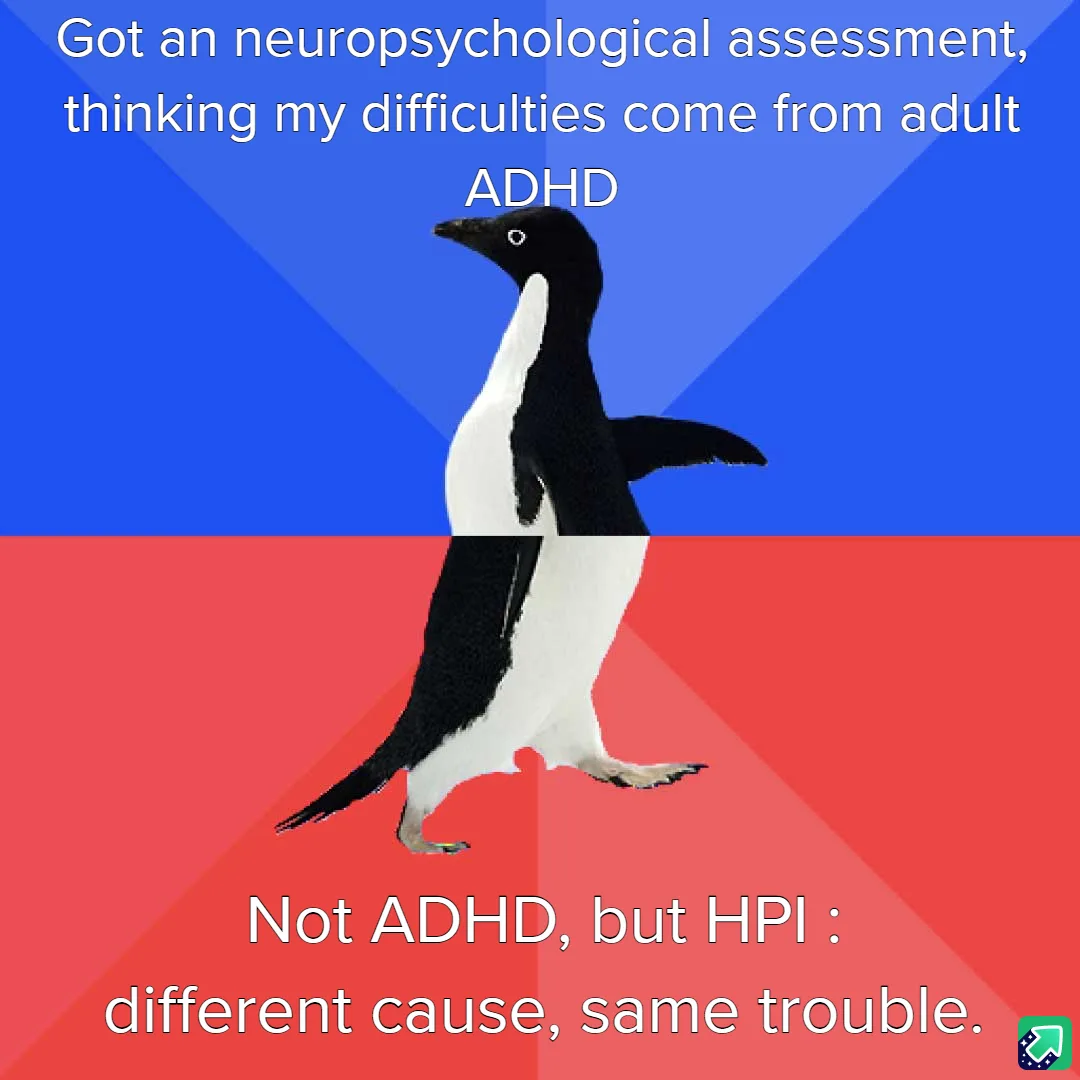 A penguin stands centered against a split background of blue and red, with white text overlaid. The top text reads 'Got an…