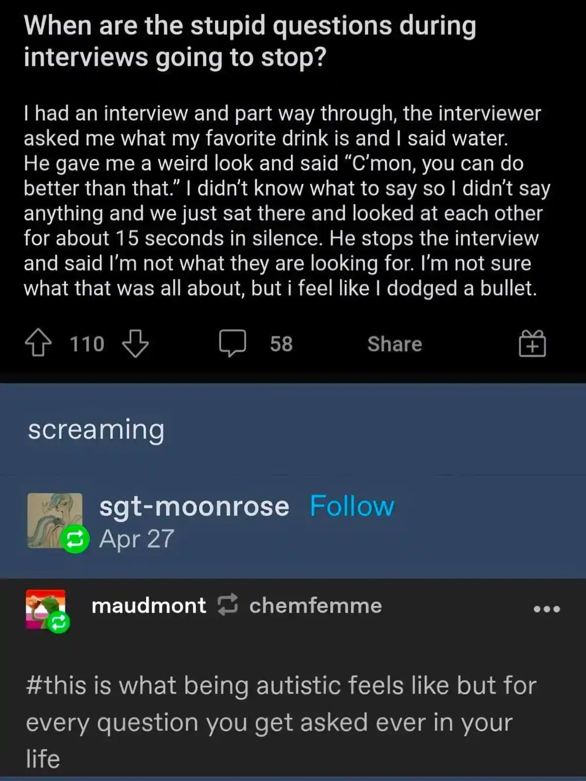A screenshot of a Reddit post with white text on a black background, detailing a person's experience where they answered…