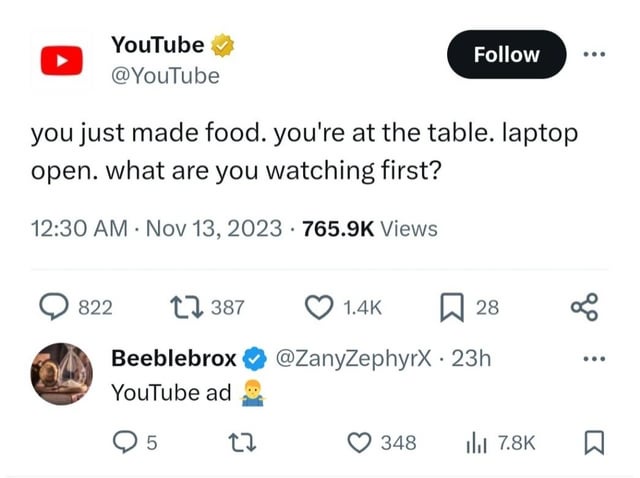 A screenshot of a YouTube tweet from the official @YouTube account asking viewers what they'd watch first after making food…