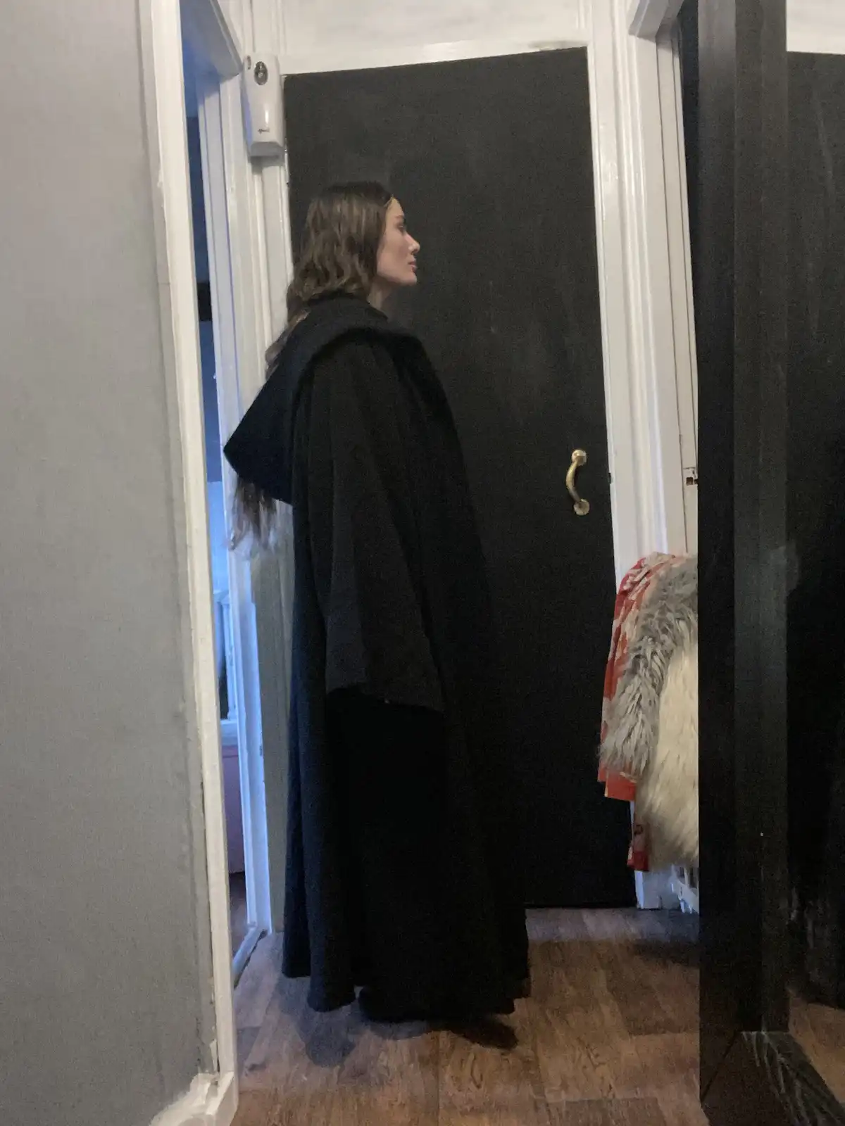 A person stands in profile in a hallway, wearing a long black robe with a hood, looking toward a black door with a brass…