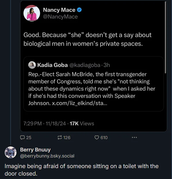 A screenshot of a Twitter thread shows Rep. Nancy Mace responding to a tweet from Kadie Goba about Rep.-Elect Sarah McBride…