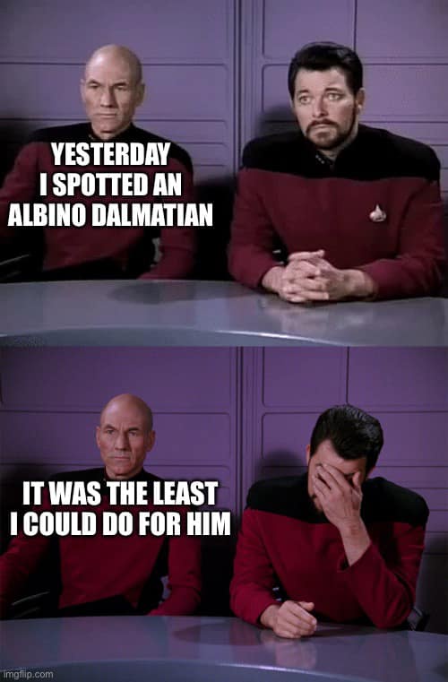 Two men in Star Trek uniforms sit at a table. In the top panel, the man on the left says 'YESTERDAY I SPOTTED AN ALBINO…
