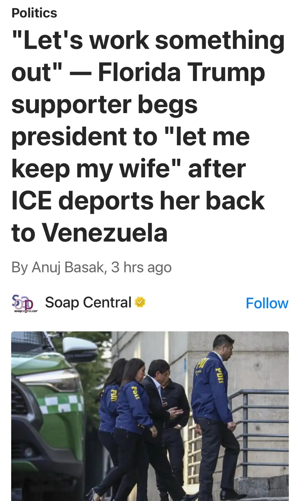 A screenshot of a news article from Soap Central with the headline 'Let's work something out' — Florida Trump supporter begs…