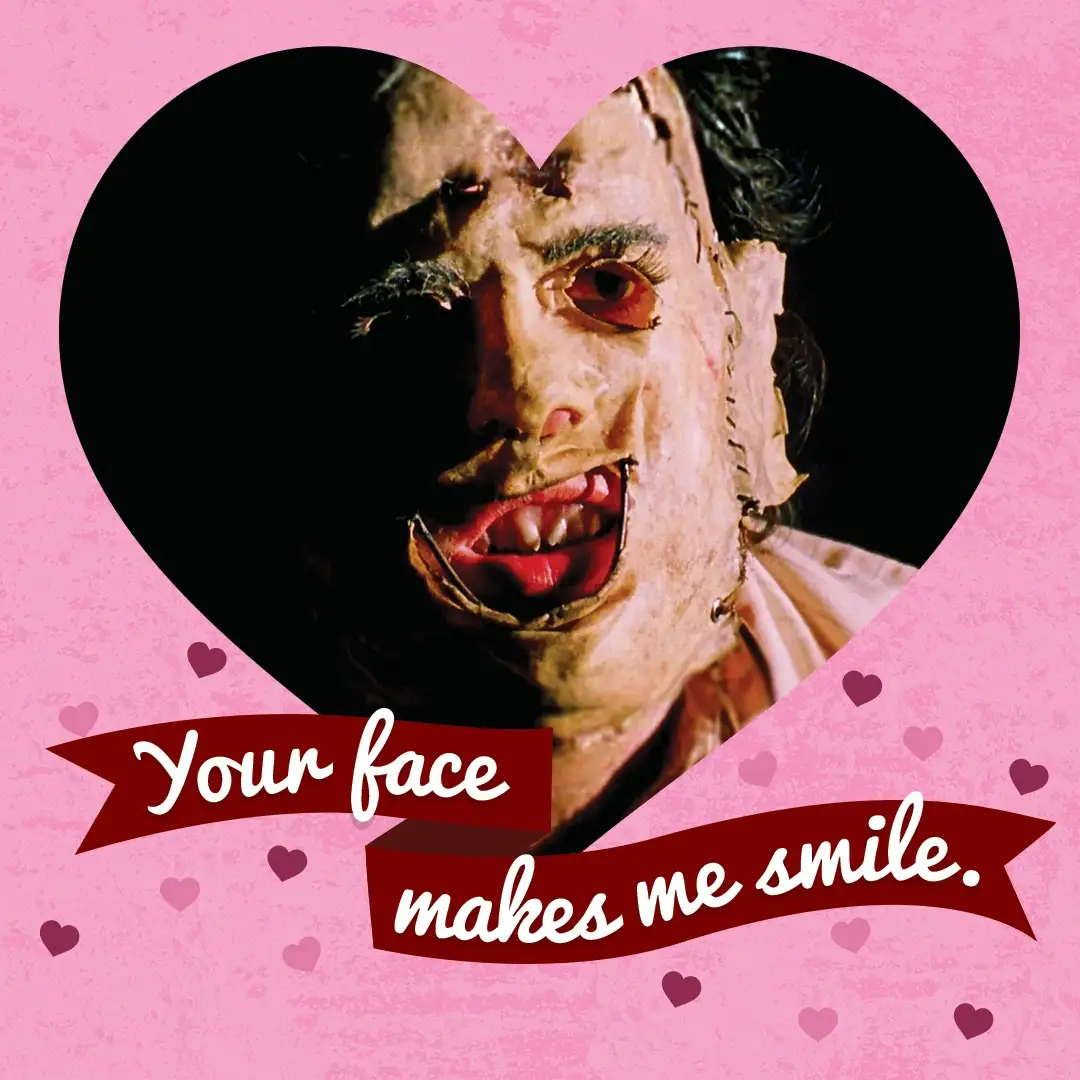 A close-up of a horror movie character with a stitched, bloody, and disfigured face is framed within a large pink heart. The…