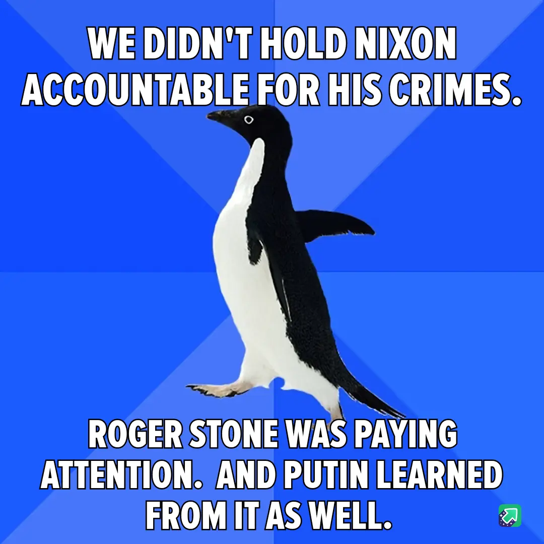 A black-and-white penguin stands against a blue background with diagonal lines. The text at the top reads 'WE DIDN'T HOLD…