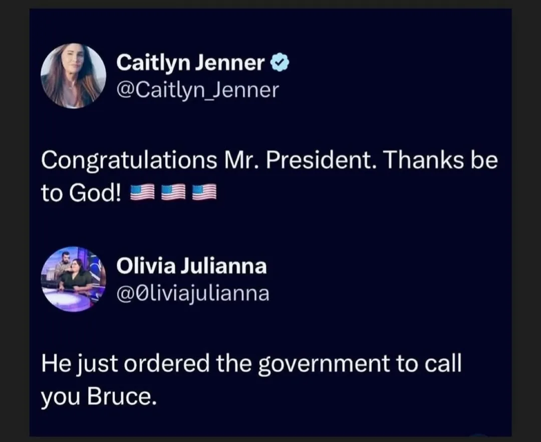 A screenshot of two Twitter replies. The first from Caitlyn Jenner says 'Congratulations Mr. President. Thanks be to God!'…