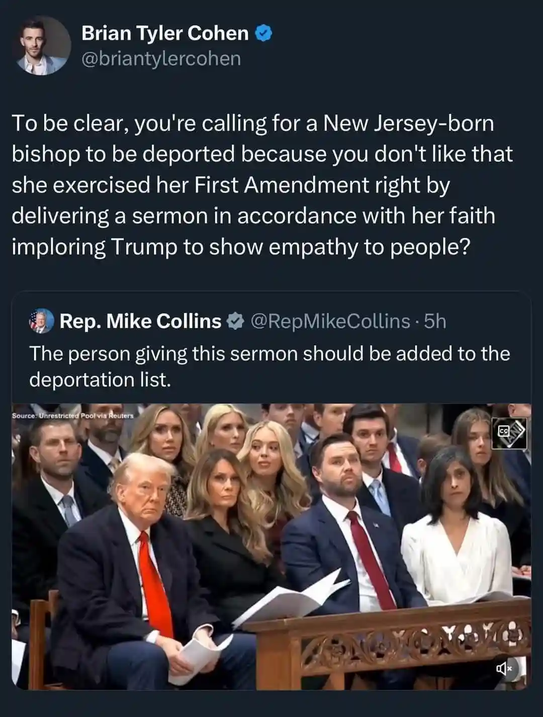 A screenshot of a Twitter thread shows Brian Tyler Cohen replying to Rep. Mike Collins, who stated the person giving a…
