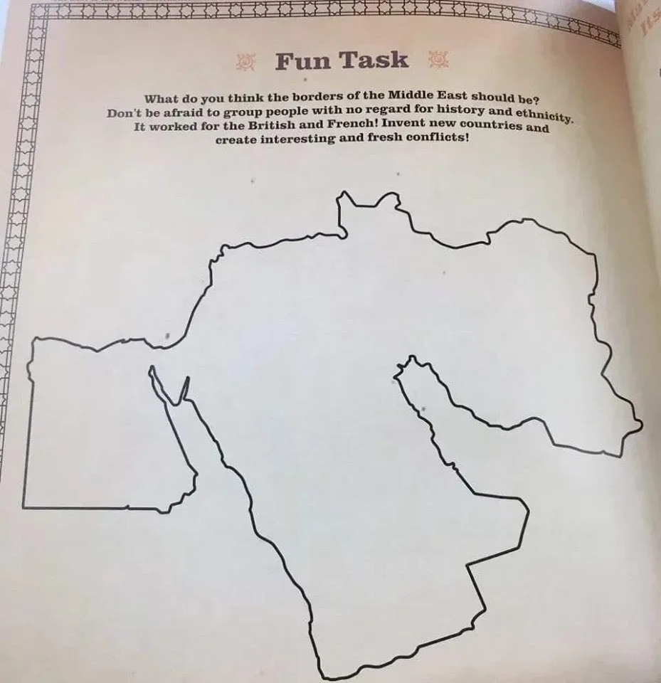 A printed page titled 'Fun Task' shows a simple outline map of the Middle East with text encouraging users to redraw borders…