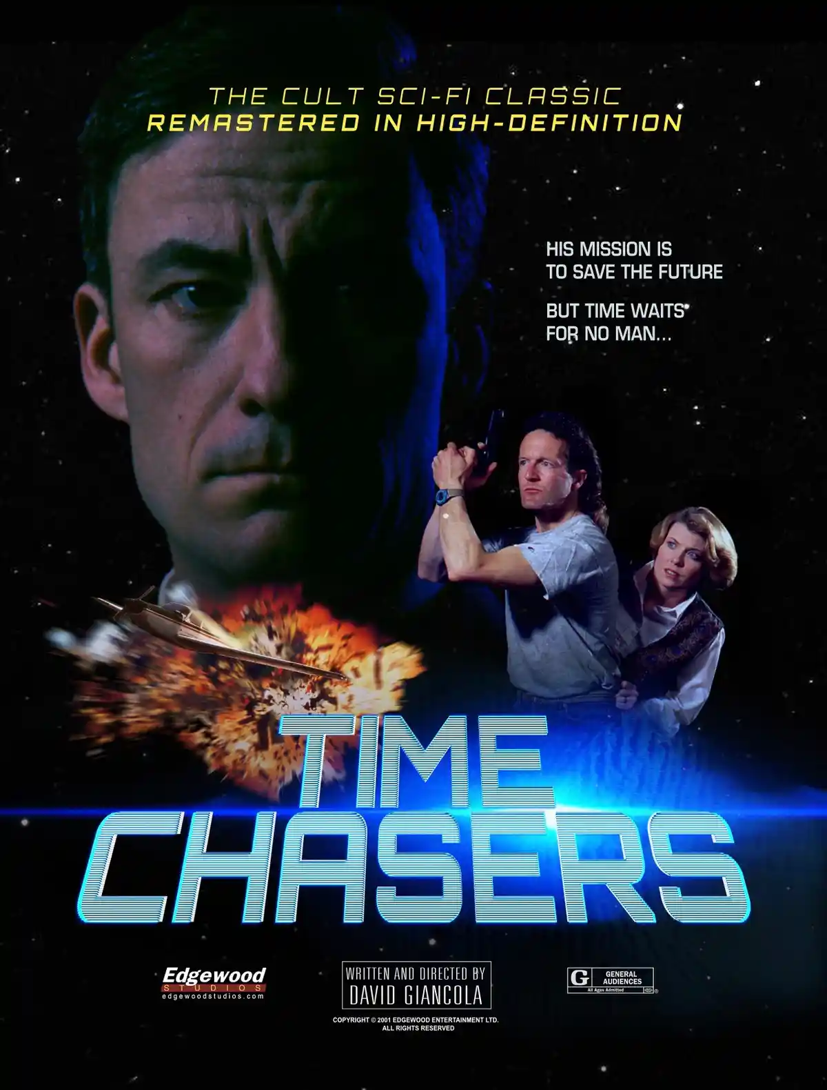 This image is a movie poster parody for a fictional film titled 'Time Chasers,' featuring a large close-up of a man's face…