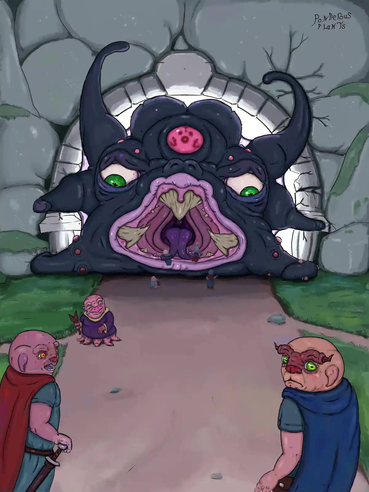 A large, dark, multi-eyed monster with a gaping mouth stands in a stone archway, with tiny figures visible inside its mouth…