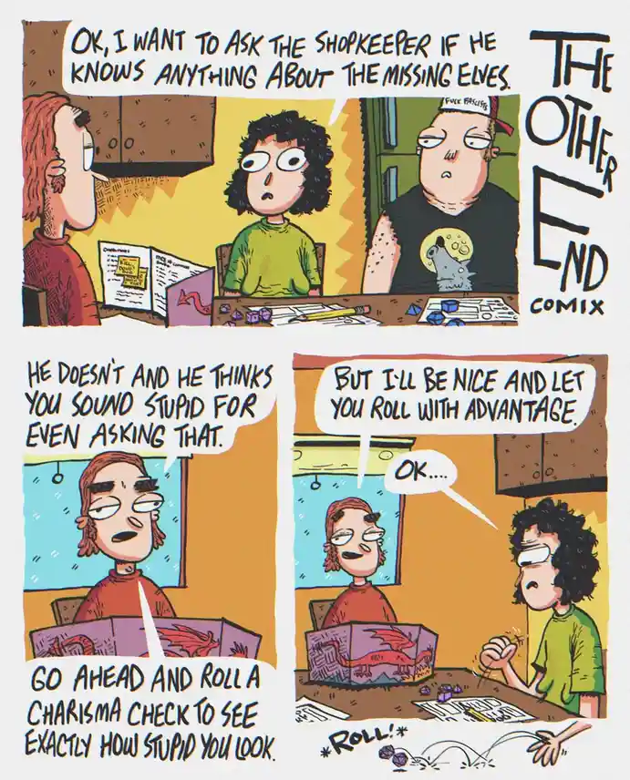 A three-panel comic strip from 'The Other End Comix' shows a Dungeons & Dragons player asking a shopkeeper about missing…