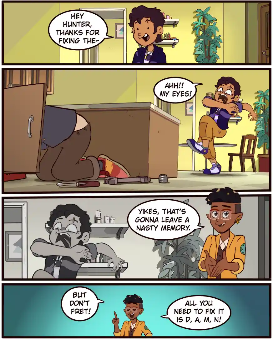 A four-panel comic strip shows a character thanking another for fixing something, then reacting in horror after being hit in…