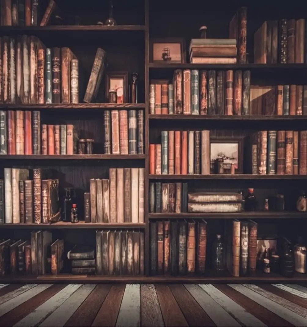 A dimly lit, atmospheric photo of tall wooden bookshelves packed with numerous old, leather-bound books in various colors…