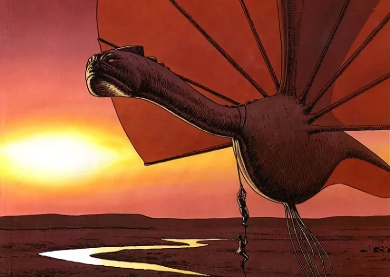 A large, dark dragon with a long neck and expansive wings soars over a desert landscape at sunset, its head turned toward…
