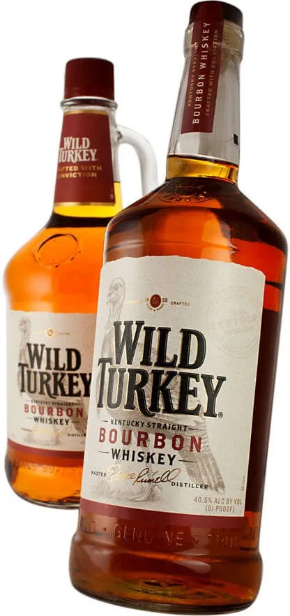 Two bottles of Wild Turkey bourbon whiskey are shown, one with a handle and one without, both featuring the brand's label…