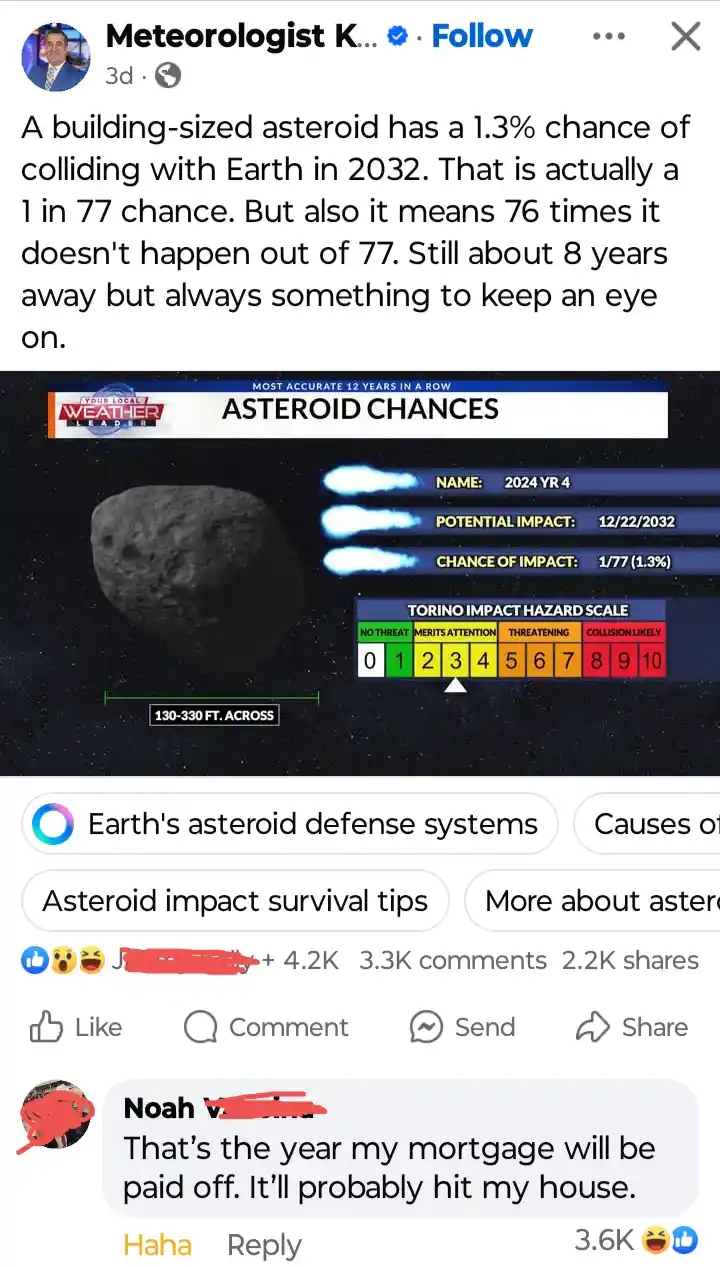 A screenshot of a Facebook post by 'Meteorologist K...' showing a weather channel graphic about asteroid 2024 YR 4, which…