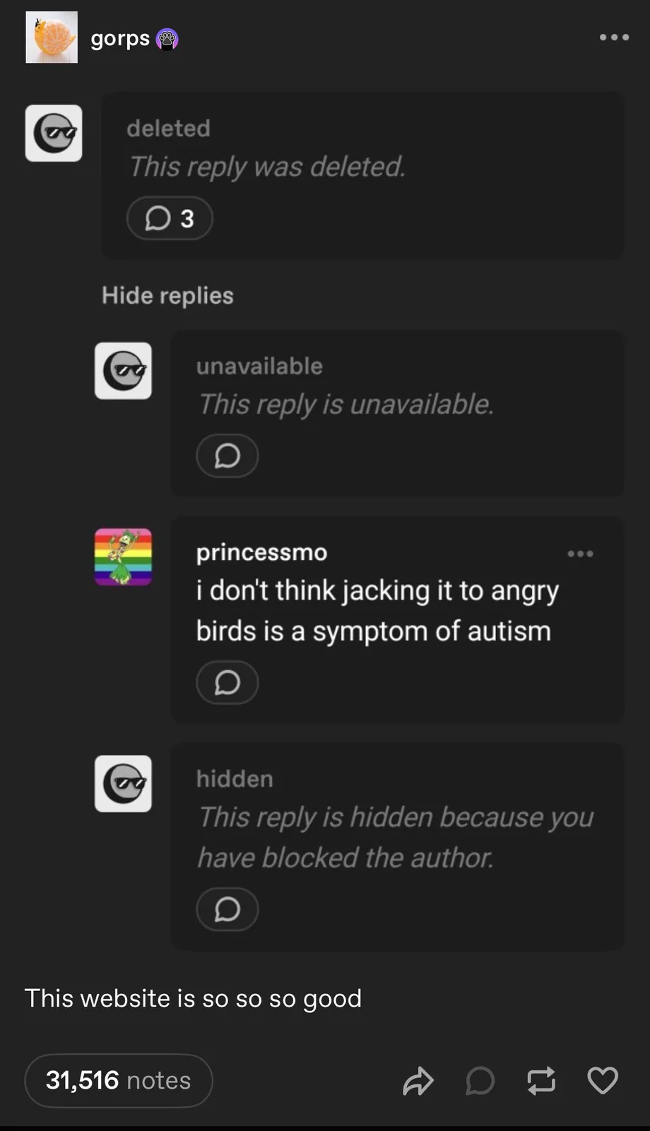 A screenshot of a social media comment thread shows multiple replies marked as 'deleted', 'unavailable', or 'hidden because…