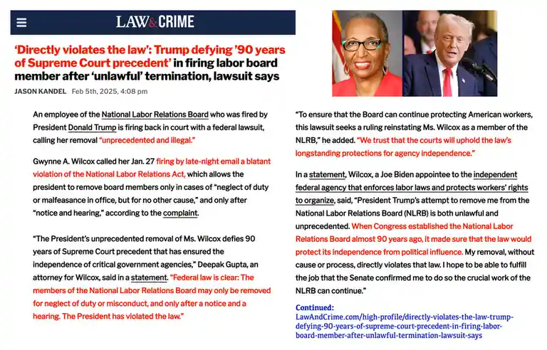 The image displays a screenshot of a Law & Crime news article about a lawsuit claiming President Donald Trump illegally…
