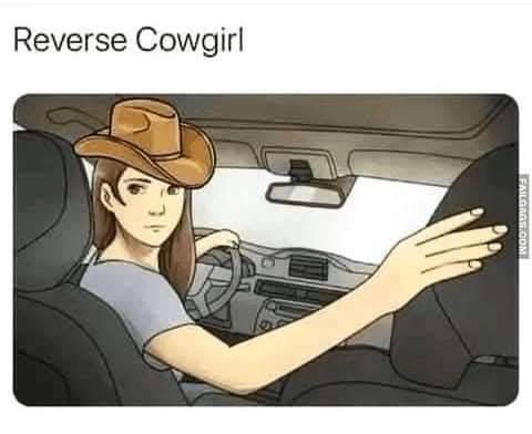 An illustrated woman wearing a cowboy hat is shown driving a car with her left hand on the steering wheel and her right hand…