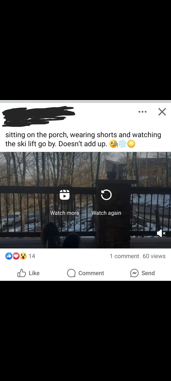 A screenshot of a social media video showing a person's feet in shorts on a snowy porch, with a ski lift visible in the…