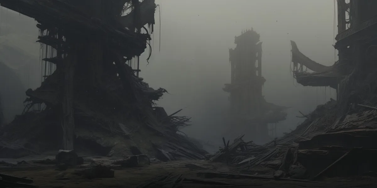 A desolate, foggy scene of ruined, overgrown structures resembling a post-apocalyptic or fantasy ruin, with broken pillars…