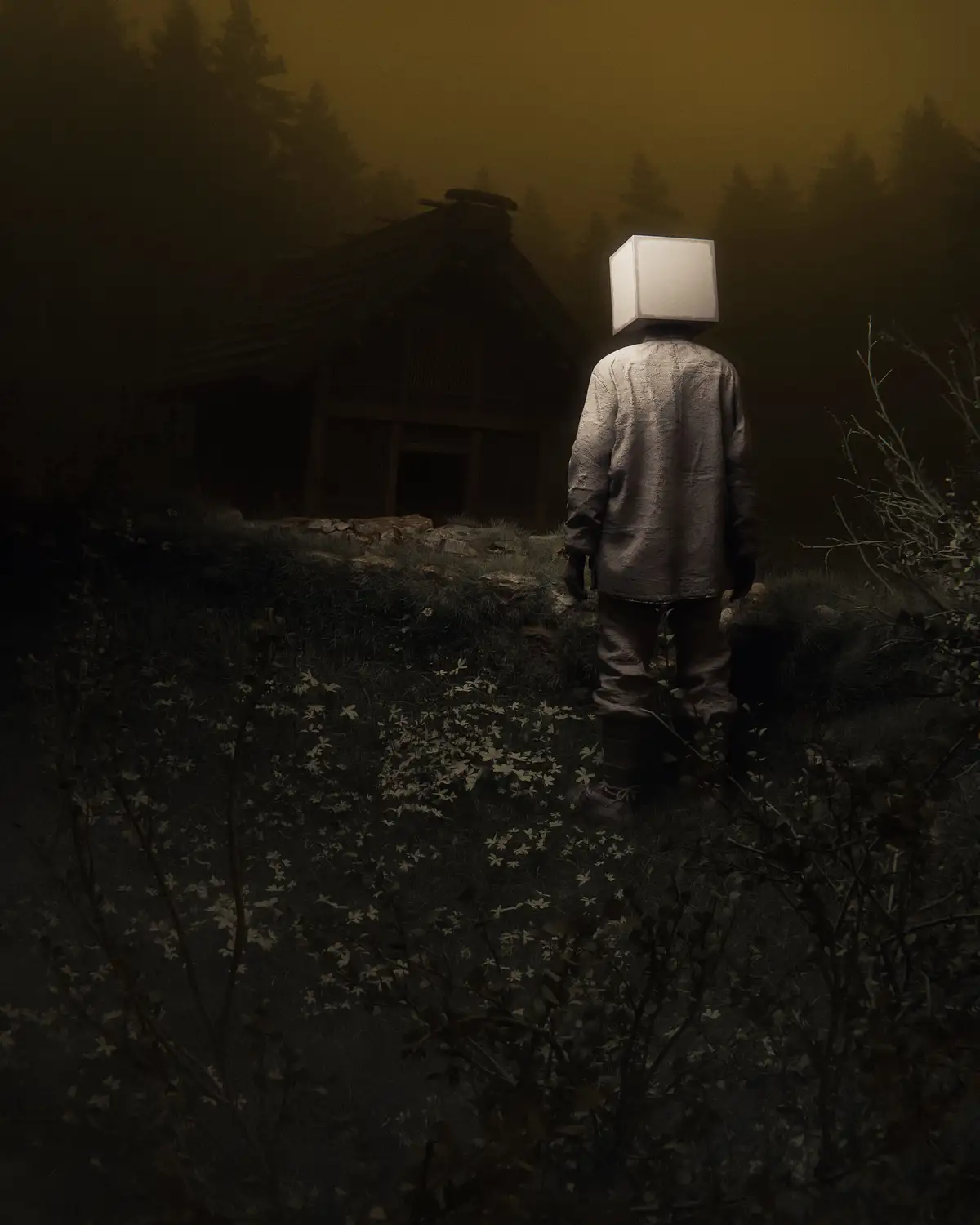A person viewed from behind stands in a misty, dark forest clearing, wearing a plain grey outfit and a stark white cube for…