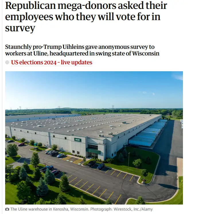 An aerial photo shows a large Uline warehouse in Kenosha, Wisconsin, with parking lots and green landscaping under a clear…