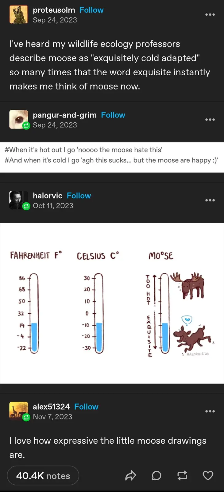 A hand-drawn image shows three thermometer-style graphs labeled Fahrenheit, Celsius, and Moose. The Fahrenheit and Celsius…